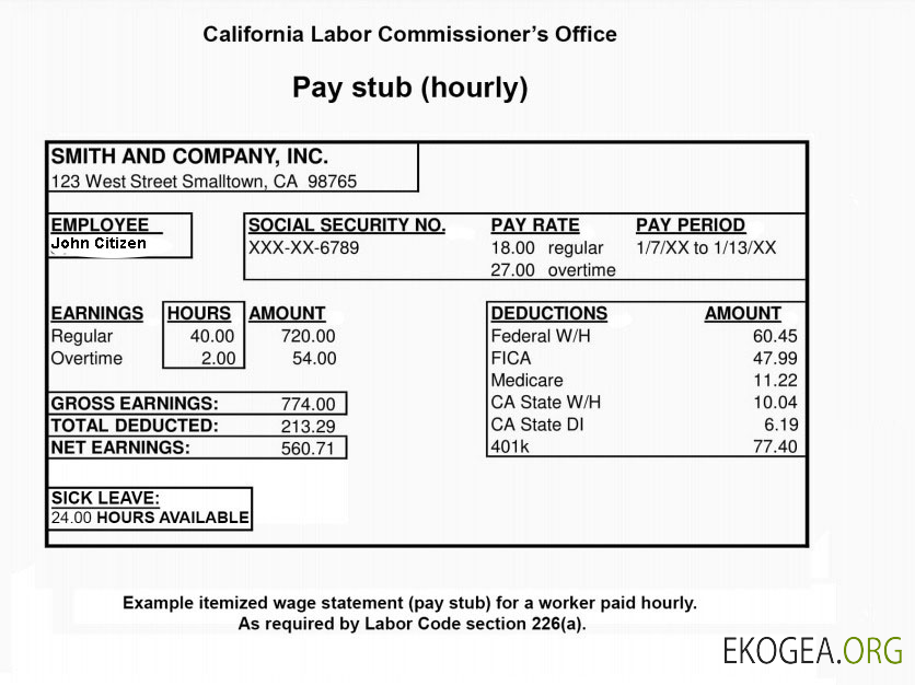 Bulletin de paie du bureau du commissaire au travail de CALIFORNIE aux formats Word et PDF
